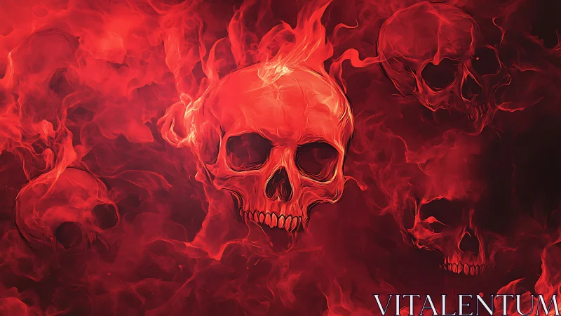 Flaming red skulls emerging from swirling dark smoke.