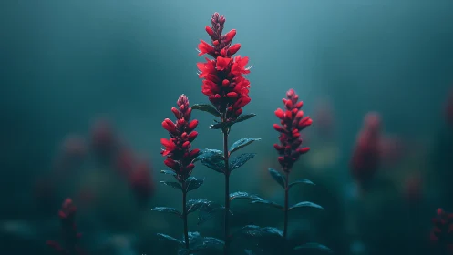 Red Wildflowers in Rain.