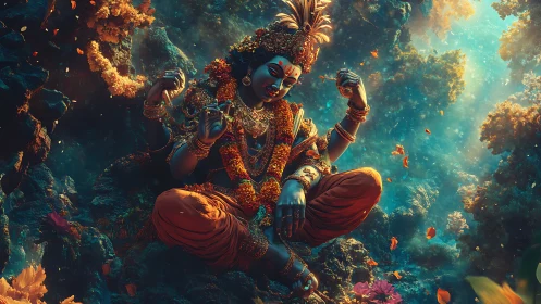 Divine blue deity meditates within glowing underwater cavern