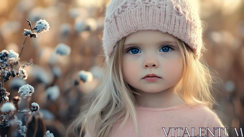 Young child in knitted hat outdoors in soft winter light.