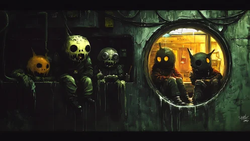 Cyberpunk wasteland orphans framed in corroded bulkhead portal.