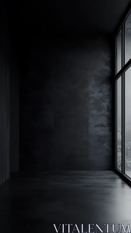 Dark minimalist interior with large floor to ceiling window.