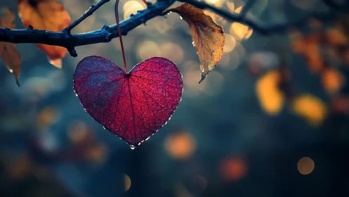 Heart-Shaped Leaf Caught in Autumn Light and Moisture