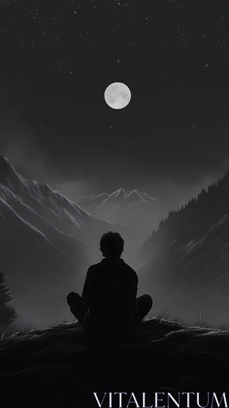 Quiet moonlit mountains and a lone dreamer at rest.