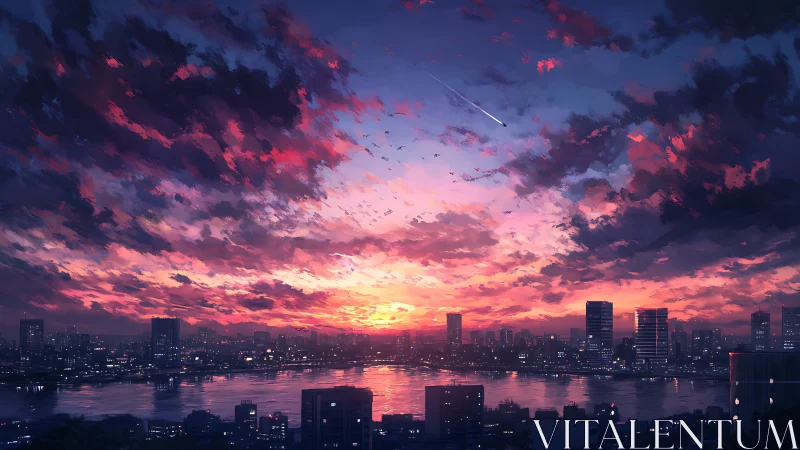 City skyline under vivid sunset clouds and river glow.