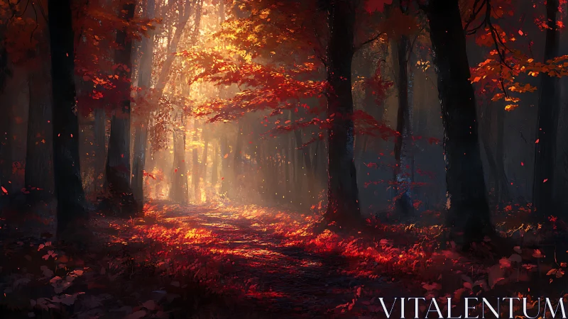 Luminous Forest Path Through Autumn Flames.