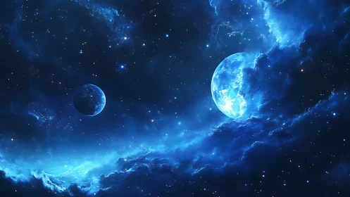 Twin cerulean planets amid glowing nebula swirls in space.
