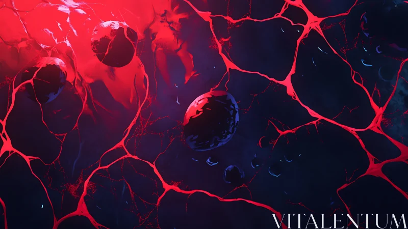 Crimson cosmic veins cradle glowing orbs in deep shadow