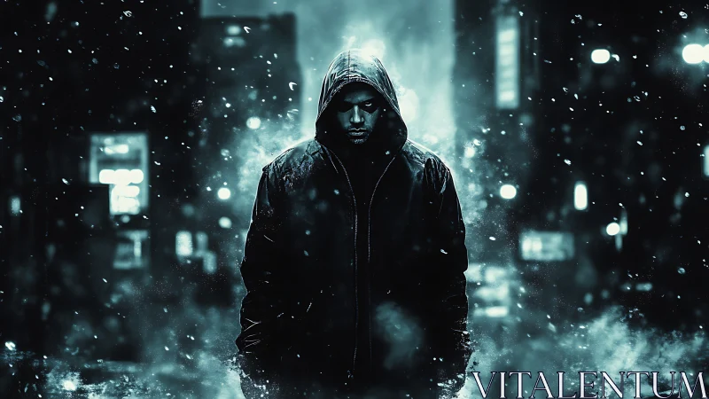 Hooded lone figure stands in a neon-lit snowstormed city night