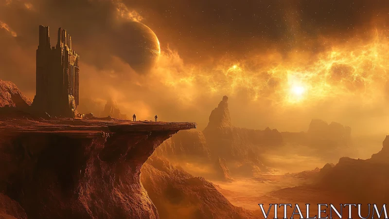 Explorers approach a monolithic fortress on a burning alien horizon