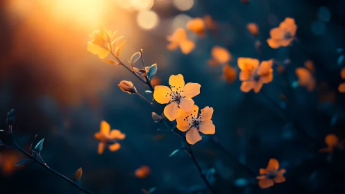 Yellow Flowers on Stem Against Blue Background
