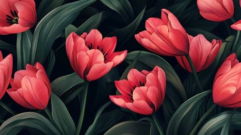 Red Tulips Against Black: Digital Floral Composition.