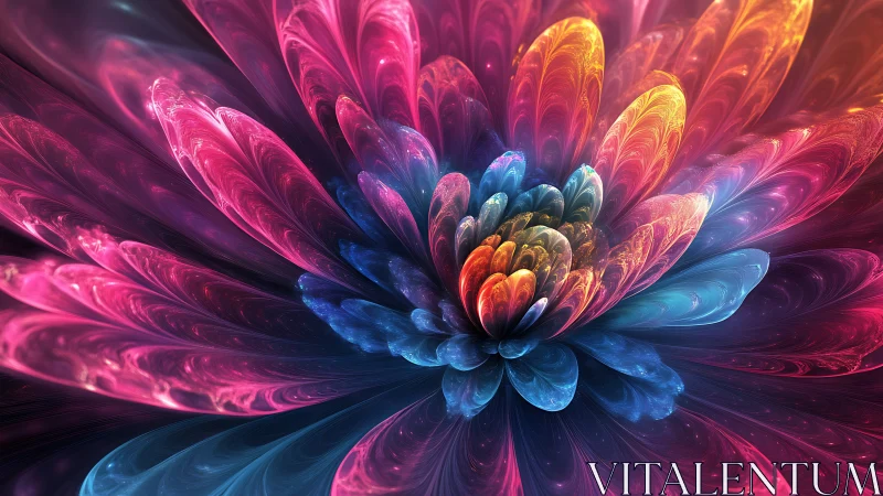 Prismatic petals whirl outward as a digital cosmos blooms bright