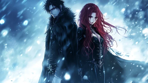 Dark anime duo command stormlit frozen battlefield.