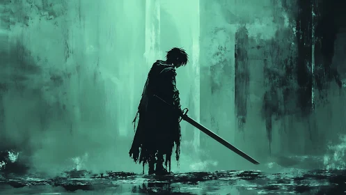 Digital painting of lone swordsman in cinematic teal void.