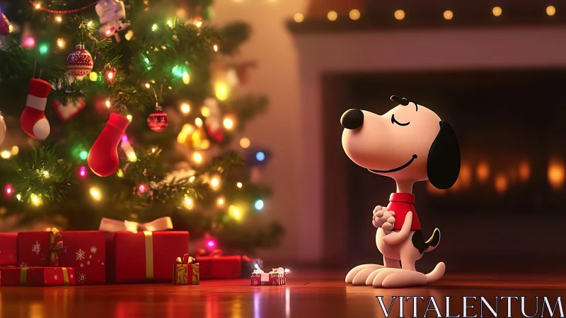 Cartoon dog near decorated Christmas tree with gifts indoors.