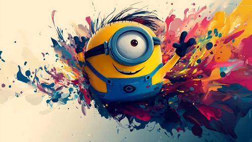 Yellow cartoon figure amid multicolored paint splash field.