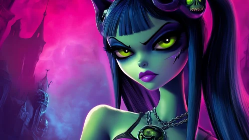 Midnight goth heroine holds a fierce yet playful gaze