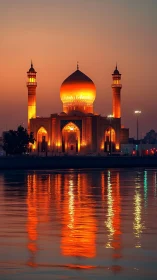 Golden domed mosque glowing at dusk over calm water.