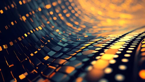 Abstract digital wave with glowing orange and black mosaic pattern.