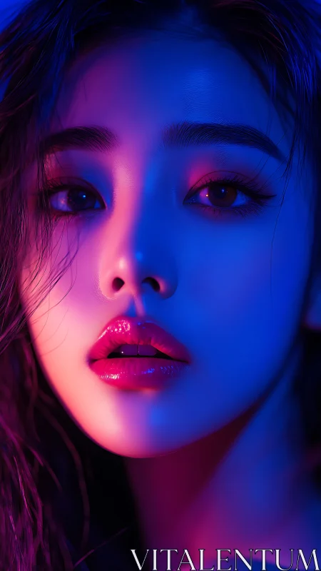 Neon lit female portrait with glossy lips in closeup view.