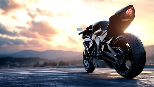 Sport motorcycle on open asphalt at sunset with mountains.