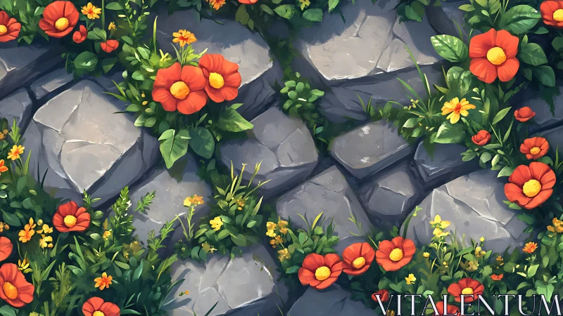 Red wildflowers weave through sunlit stone garden path.