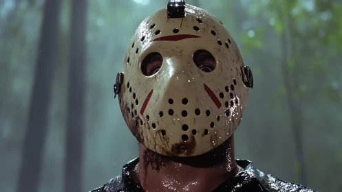 Hockey mask killer stares forward in damp forest gloom