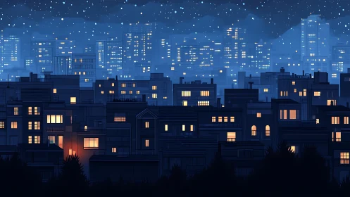 Cozy city skyline glowing softly beneath a starlit night.