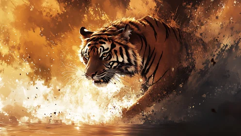 Dynamic digital painting of a tiger erupting through water spray.