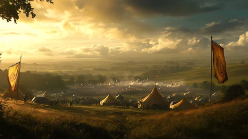 Sunlit medieval encampment over rolling festival valley.