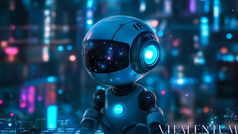Futuristic blue robot in neon cityscape at night.