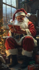 Santa in warm cabin light reading ornate red Christmas book.