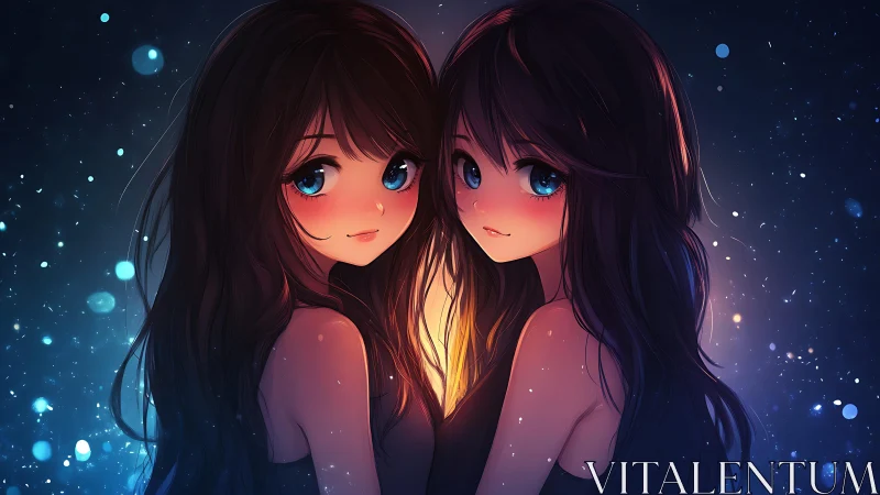 Anime twin portrait with luminous bokeh and dual lighting focus.
