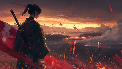 Samurai warrior observes burning battlefield at sunset