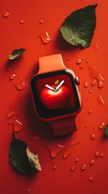 Juicy red smartwatch orchard glows in glossy splashscape.