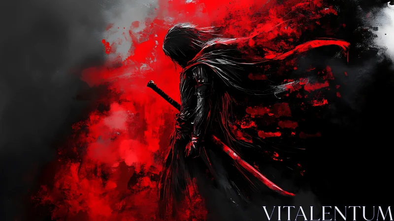 Hooded swordsman silhouette rendered in high-contrast red splatter field