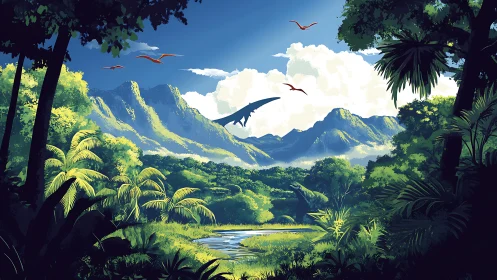 Sunlit dinosaur valley unfolds beneath soaring pterosaurs
