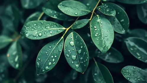 Rain-kissed green leaves glow with fresh morning stillness.