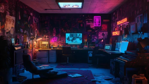 Retro cyberpunk hacker studio under neon magenta-blue glow.