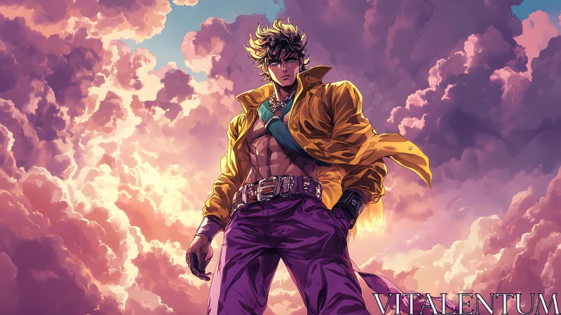 Storm-lit hero strides through painted thundercloud dreams