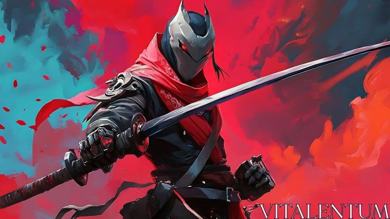 Crimson masked swordsman poised within swirling neon storm.