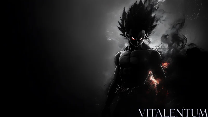 Dark anime warrior silhouette with burning aura power.