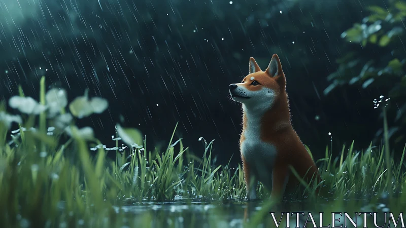 Small fox listening to gentle rain in a moonlit meadow.
