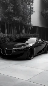 Black BMW concept car is parked beside modern building