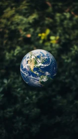 Planet Earth suspended over deep green defocused foliage.