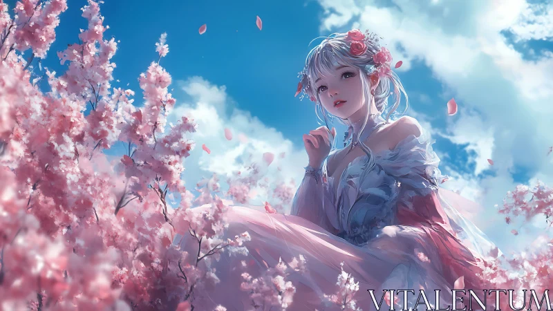 Girl in ornate dress sits among dense pink blossoms