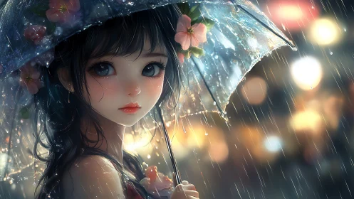 Anime rain portrait with floral umbrella and city lights.
