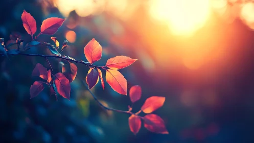 Autumn branch with red leaves in dreamy sunset bokeh style.