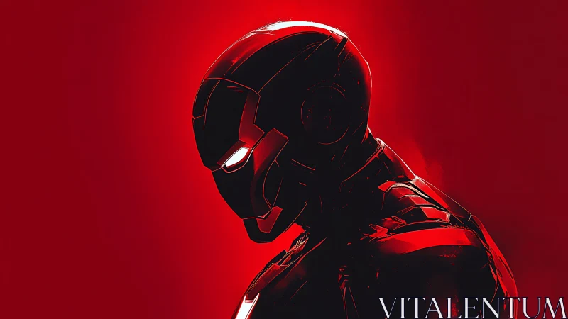 Digital painting profile of armored sci‑fi hero in red light.
